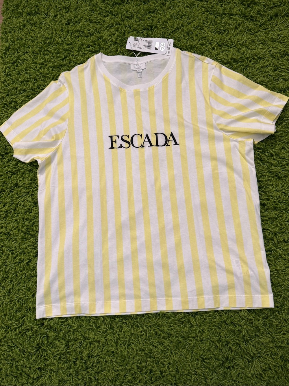 Escada White and Pale Yellow Striped Crewneck Tee